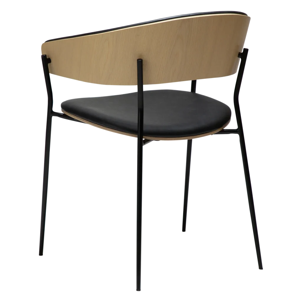 CRIB ARMCHAIR Raven Black Faux Leather W. Whitewashed Oak Veneer W. Black Metal Legs 100200690 05 Back Angle