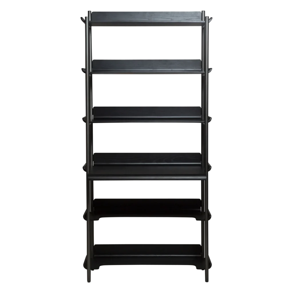 FRIYAY 6 SHELVES W. DESK Black Stained Ash Veneer Shelves W. Antique Pewter Frame 900800120 900800116 02 Front