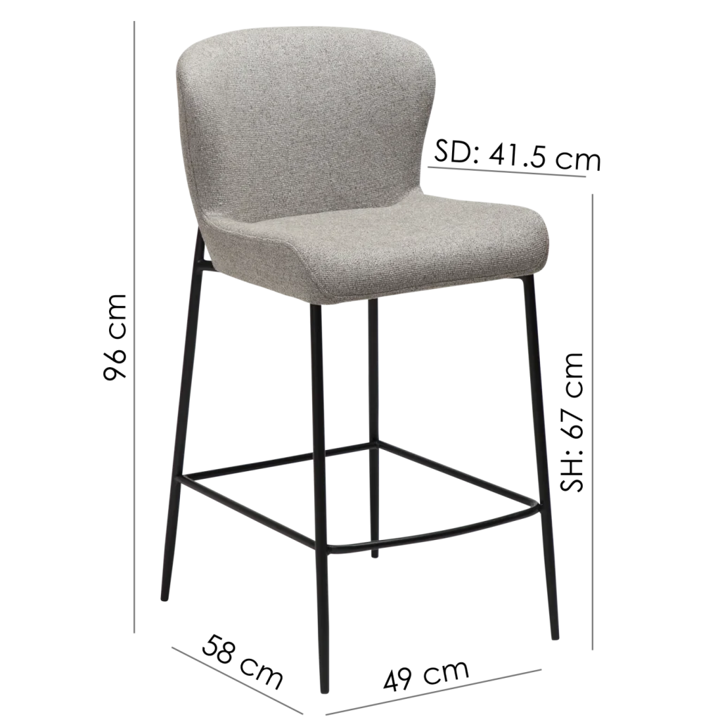 GLAM COUNTER STOOL Pebble Earth Boucle Fabric W. Black Metal Legs 300206105 07 Measurements