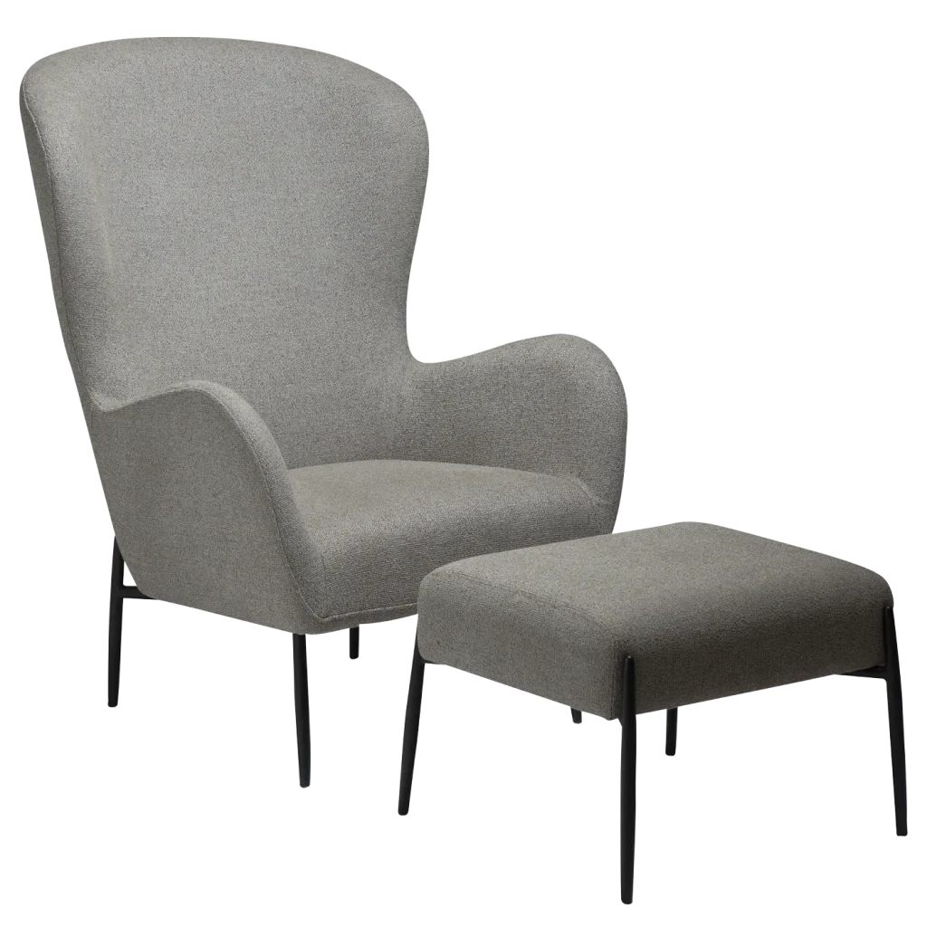 GLAM LOUNGE CHAIR HIGH BACK Pebble Earth Bouclé Fabric W. Black Metal Legs 700204105 06 With Footstool