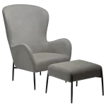 GLAM LOUNGE CHAIR HIGH BACK Pebble Earth Bouclé Fabric W. Black Metal Legs 700204105 06 With Footstool