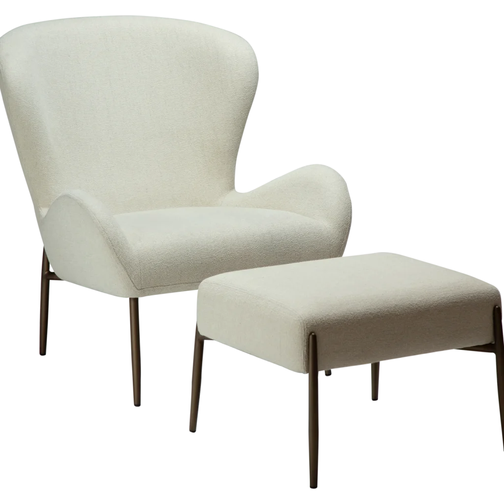 GLAM LOUNGE CHAIR LOW BACK Bone White Boucle Fabric W. Antique Brass Legs 700204114 02 W Stool