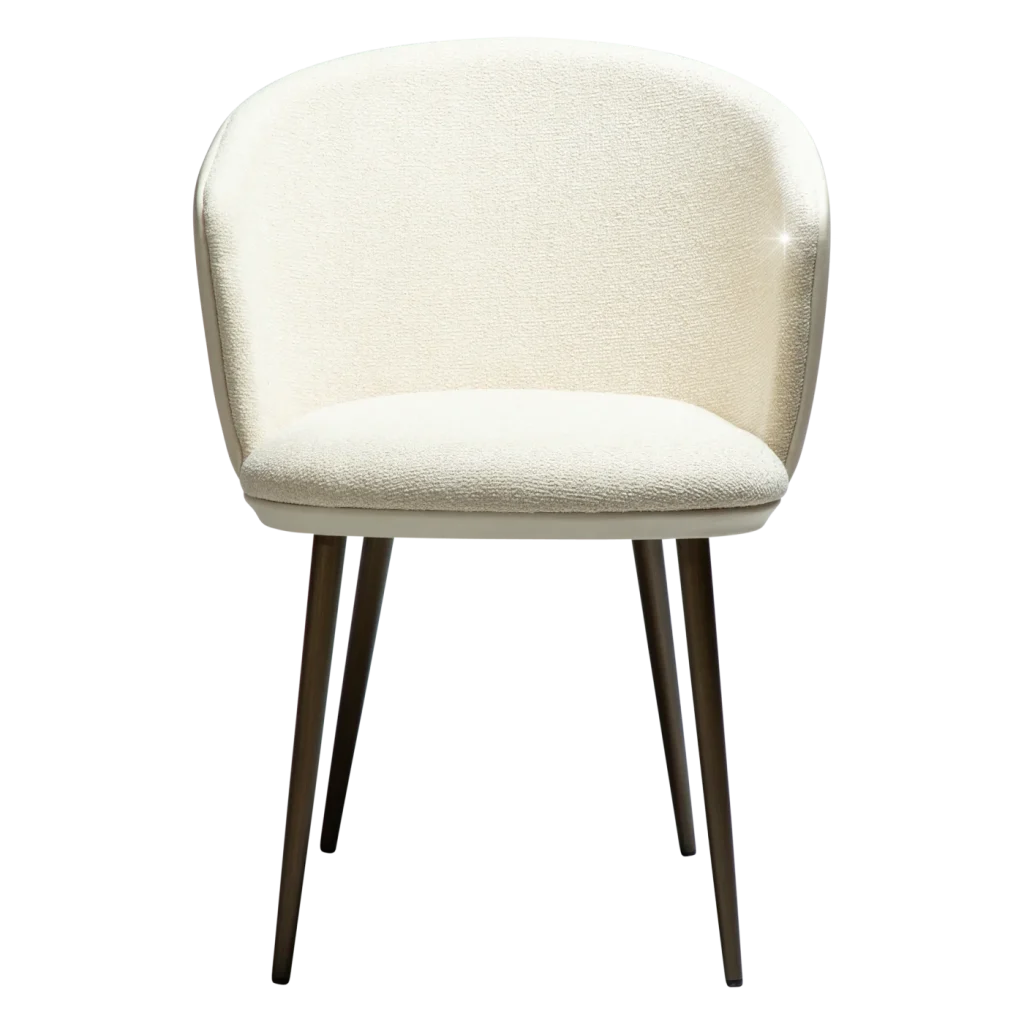 HEY ARMCHAIR Frosted Almond Boucle Fabric W. Frosted Almond Faux W. Antique Brass Legs 100800106 02 Front