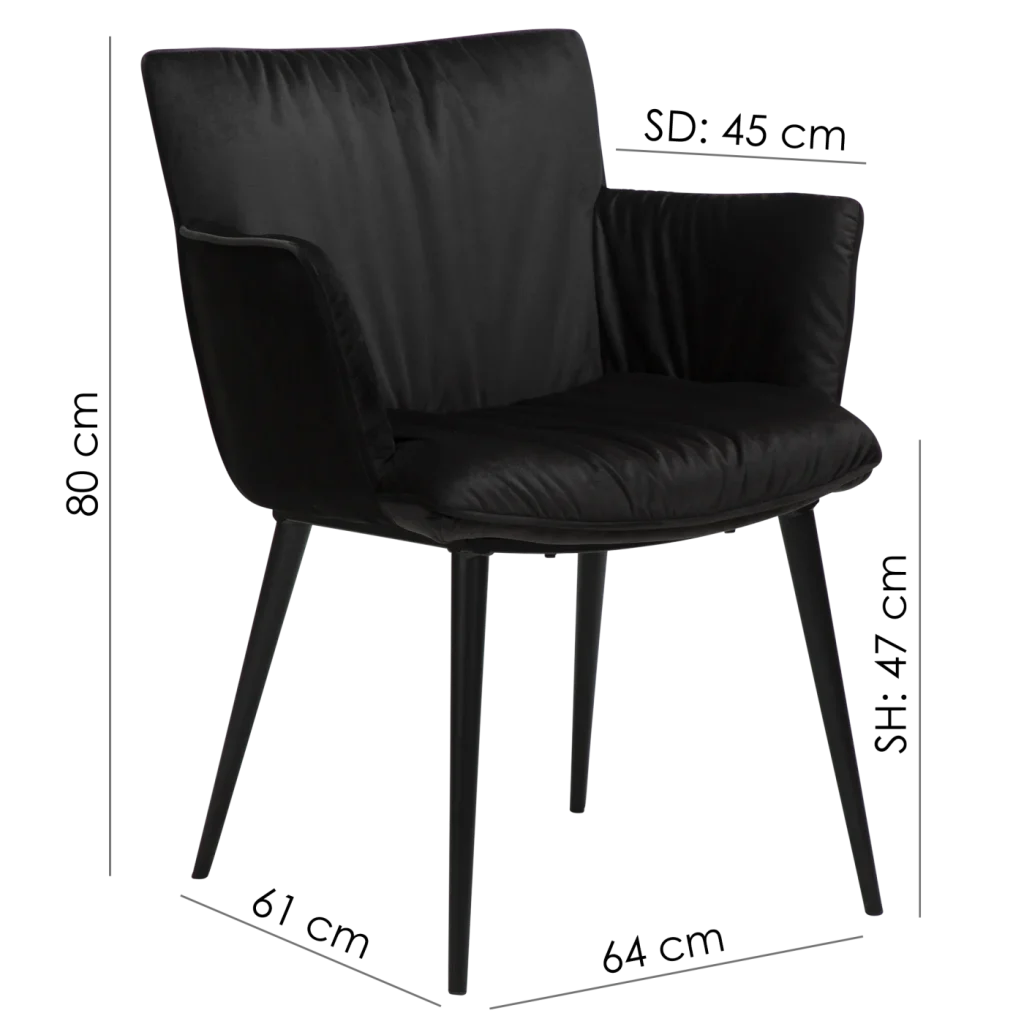 Join Armchair Meteorite Black Velvet With Black Conical Metal Legs 100675100 15 Measurements