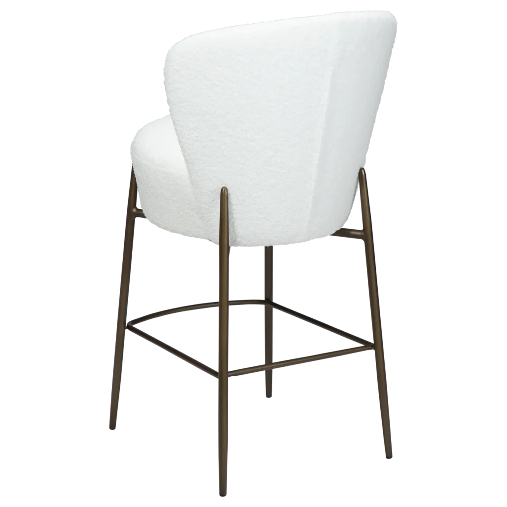 ORBIT COUNTER STOOL Snow RPES Bouclé Fabric W. Antique Brass Metal Legs 300207110 05 Back Angle